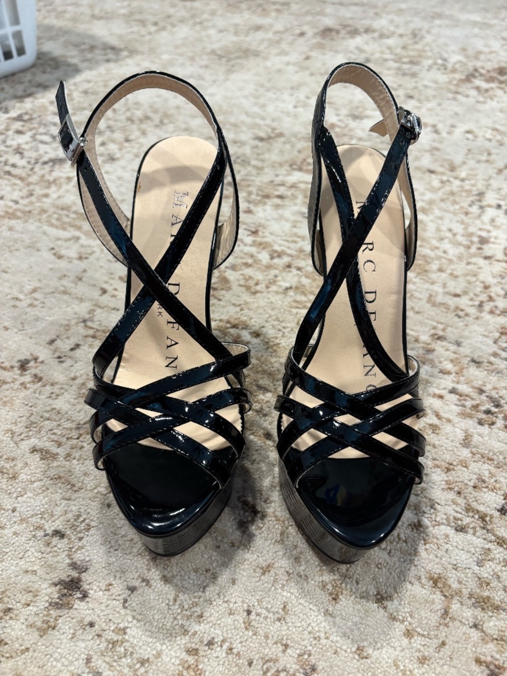 Marc Defang Black Patent Strappy Platform Stiletto Heels – Size 7.5